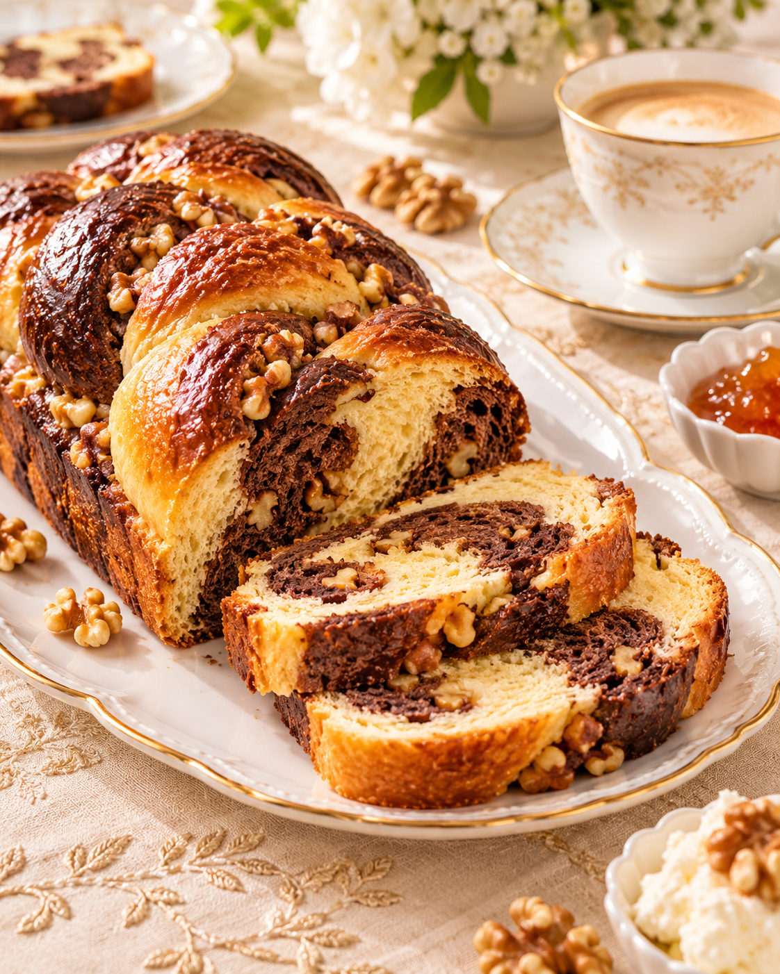 Treccia golosa per colazione, pan brioche chetogenico bicolore alla vaniglia e cacao con noci, soffice e goloso, ricetta keto senza zucchero di Keto senza rinunce.