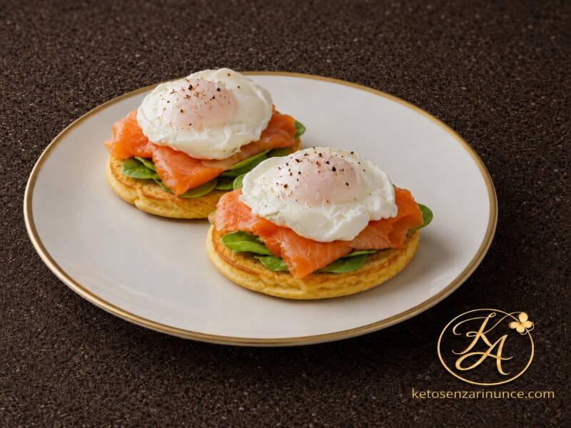 Due mini pancake salati keto fanno da base a spinacini freschi, salmone affumicato e uova in camicia dal tuorlo cremoso. Una ricetta elegante, saziante e povera di carboidrati, perfetta per una colazione salata, un brunch o un pranzo leggero in stile chet