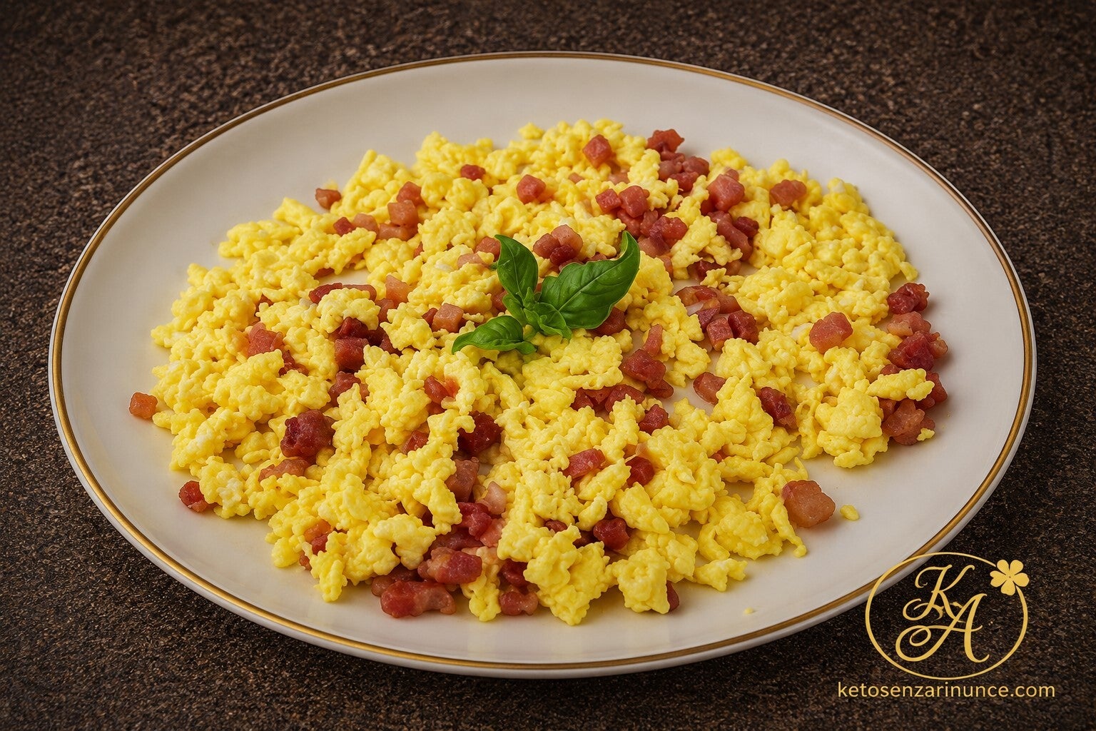 Uova strapazzate morbide e ben separate, arricchite con bacon croccante ed erba cipollina, servite su un elegante piatto bianco con bordo dorato.