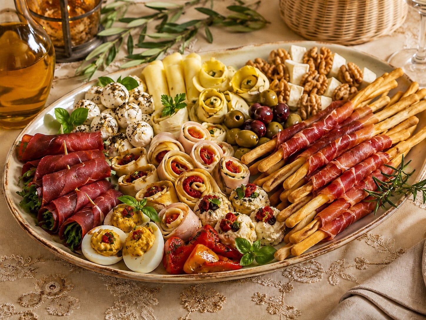 Grande vassoio di antipasti mediterranei con involtini di bresaola, fagottini, formaggio arrotolato, palline di formaggio, chips di zucchine, grissini con prosciutto crudo, uova ripiene e olive, servito su tovaglia beige ricamata.