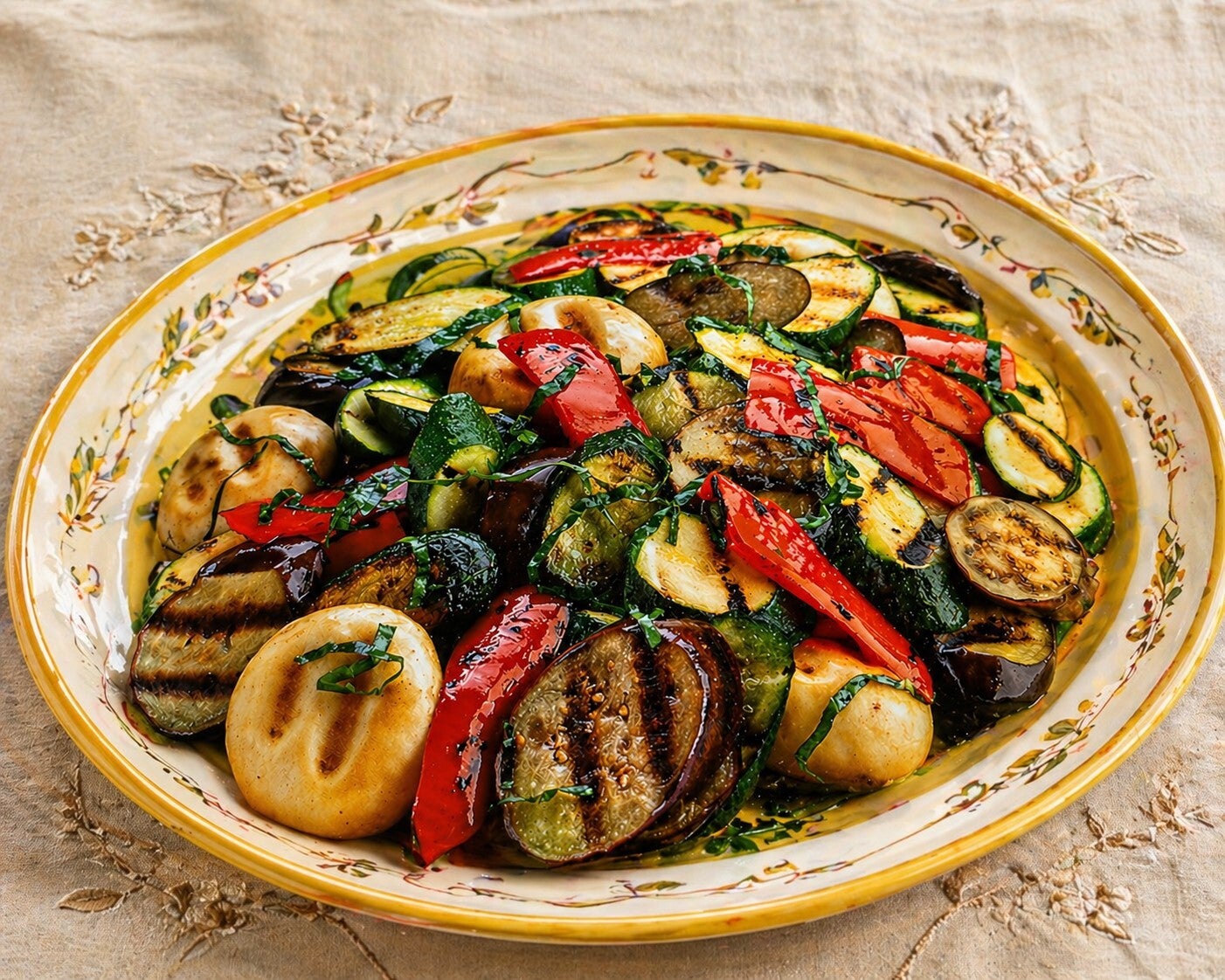 Verdure grigliate mediterranee con zucchine, melanzane, peperoni e champignon, servite in un elegante piatto decorato su tovaglia beige ricamata.