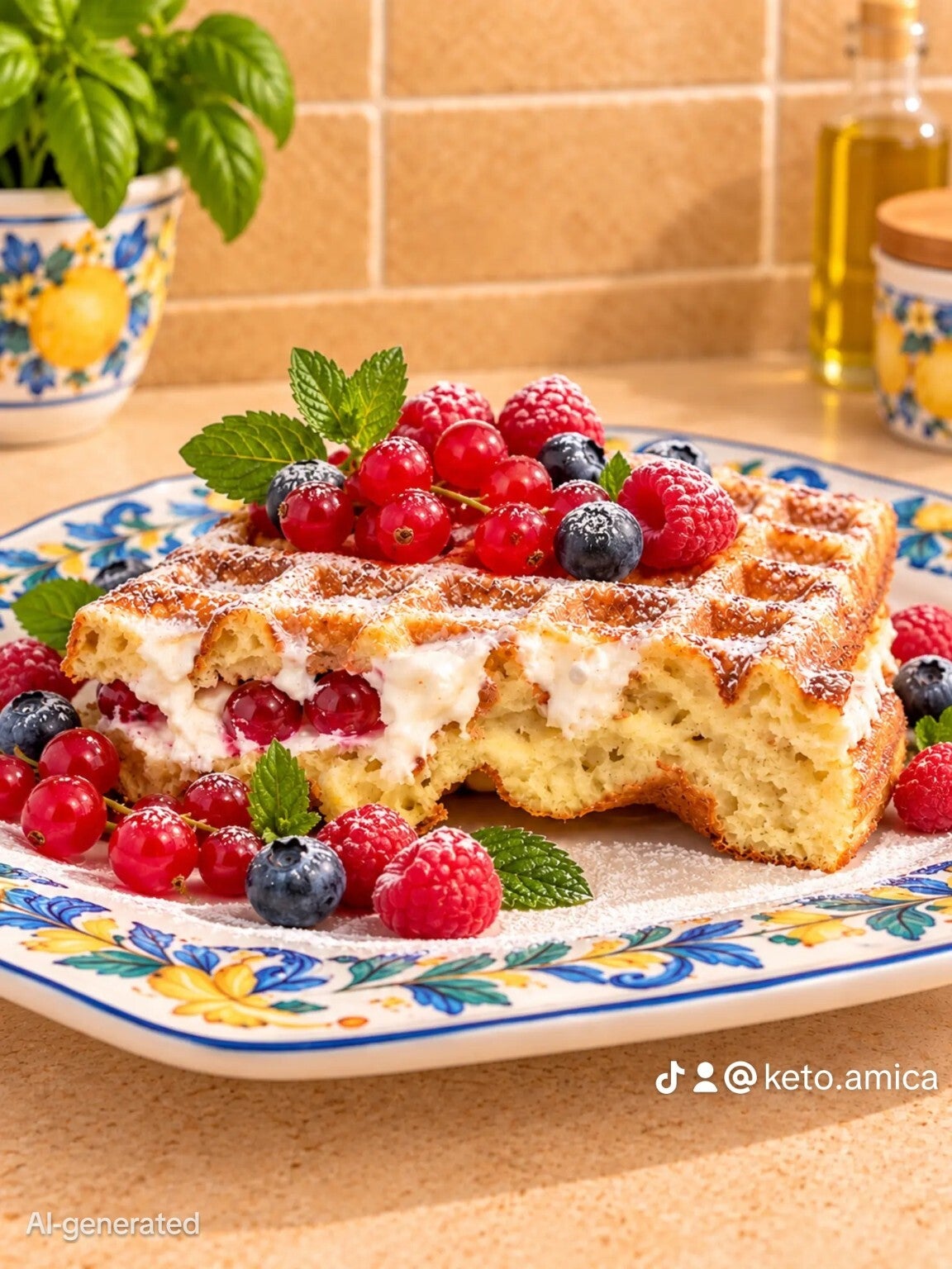 Waffle dolce chetogenico alla ricottina, morbidissimo e farcito con crema delicata, ribes rossi, mirtilli e lamponi. Decorato con una spolverata di dolcificante a velo e servito su un piatto in ceramica mediterranea. Una colazione keto golosa, colorata e 