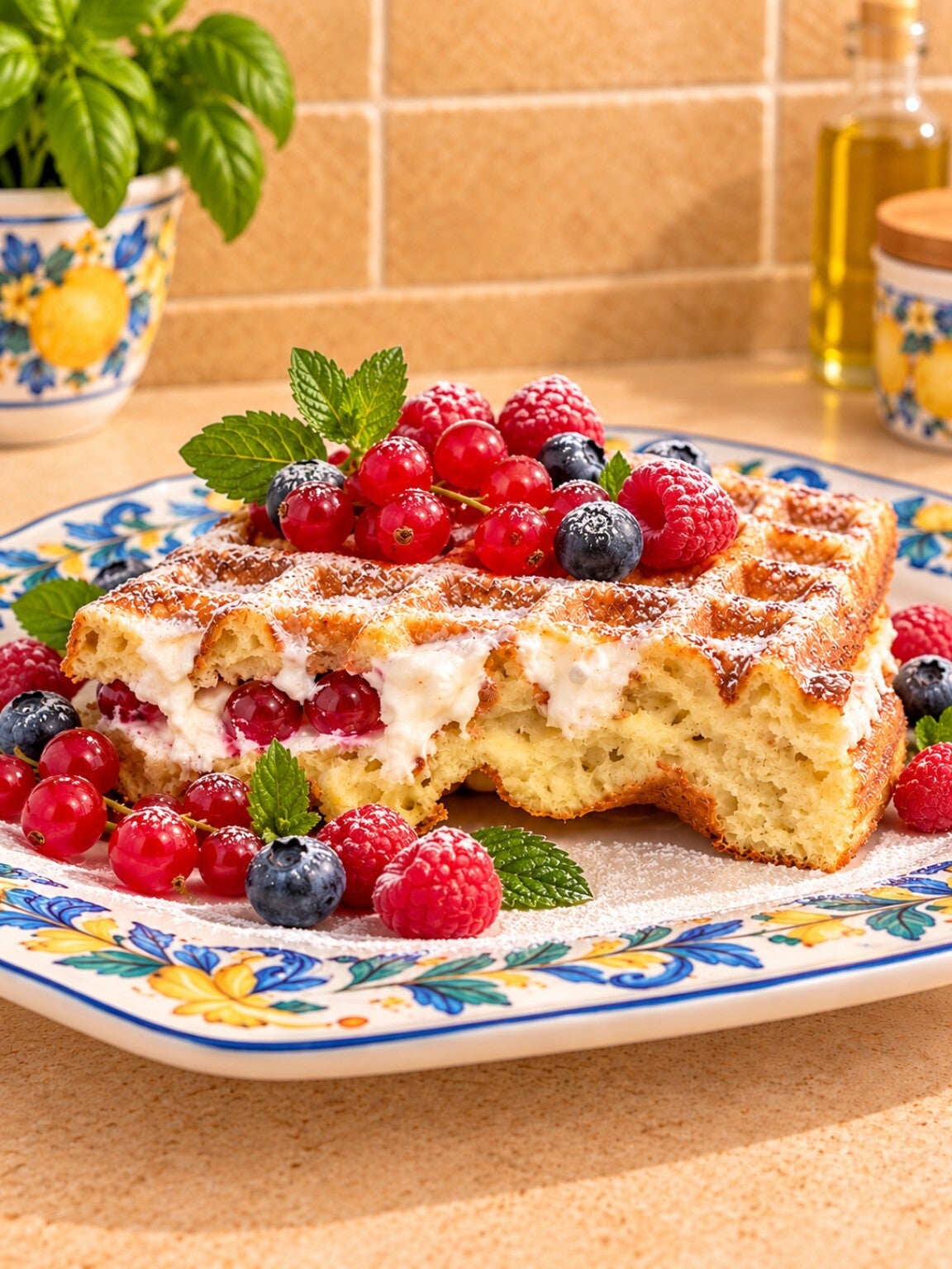 Waffle dolce chetogenico alla ricottina, morbidissimo e farcito con crema delicata, ribes rossi, mirtilli e lamponi. Decorato con una spolverata di dolcificante a velo e servito su un piatto in ceramica mediterranea. Una colazione keto golosa, colorata e 