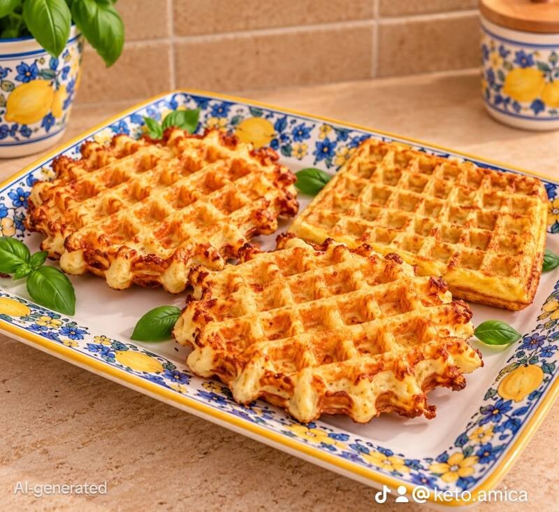Waffle salati chetogenici alla ricottina, soffici all'interno e dorati all'esterno, preparati con farina di mandorle e serviti su un elegante piatto in ceramica mediterranea. Una colazione keto semplice, sfiziosa e senza farine tradizionali.