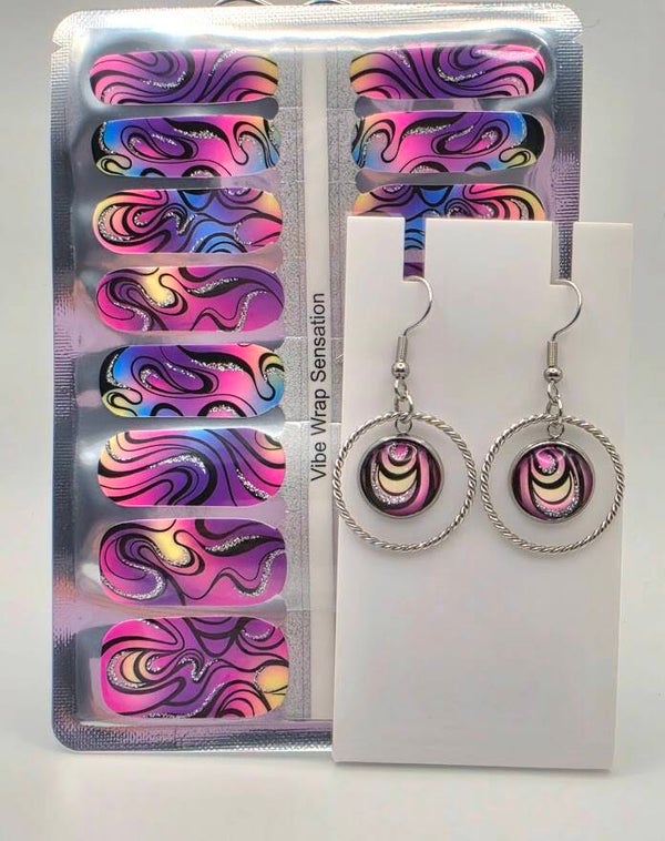 Jazz Vibrations" Handmade Retro Swirl Hoop Earrings and Matching Nail Wrap Set