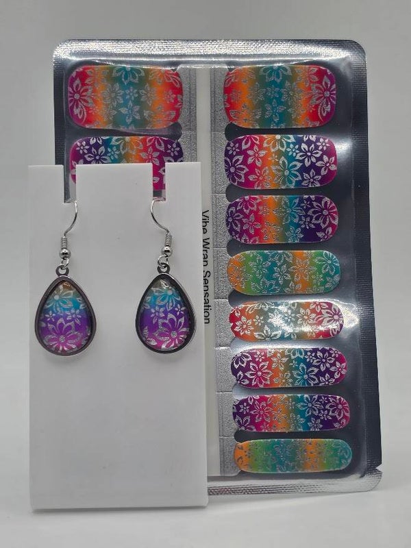 Get Lei'd" Handmade Rainbow Floral Teardrop Earrings and Matching Nail Wrap Set