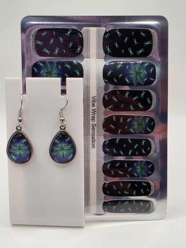 Midnight Dragonflies" Glow in the Dark Teardrop Earrings and Matching Nail Wrap Set