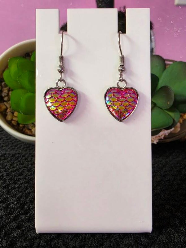 Shimmering Mermaid Scale Heart Drop Earrings / Stainless Steel