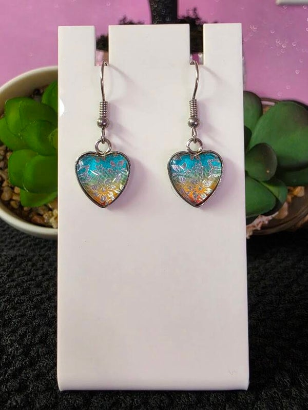 Charming Teal and Gold Floral Heart Earrings