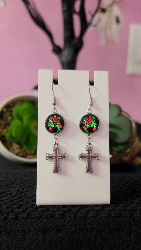 Gothic Rose Cross Earrings