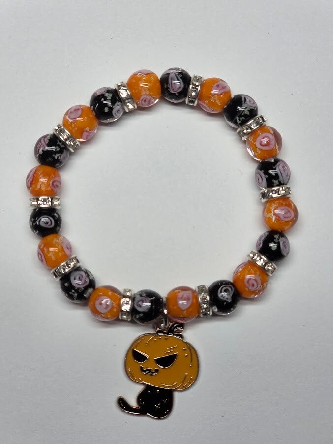 Halloween Pumpkin Kitty Bracelet | Luminous Lampwork Beads