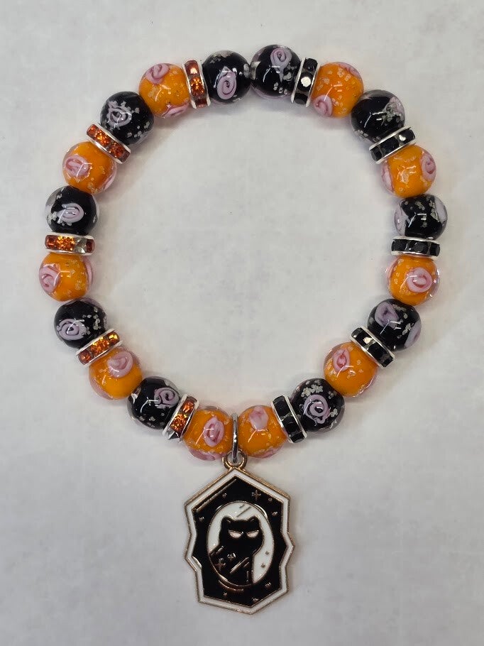 Glow Black Cat Halloween Bracelet | Luminous Lampwork Beads