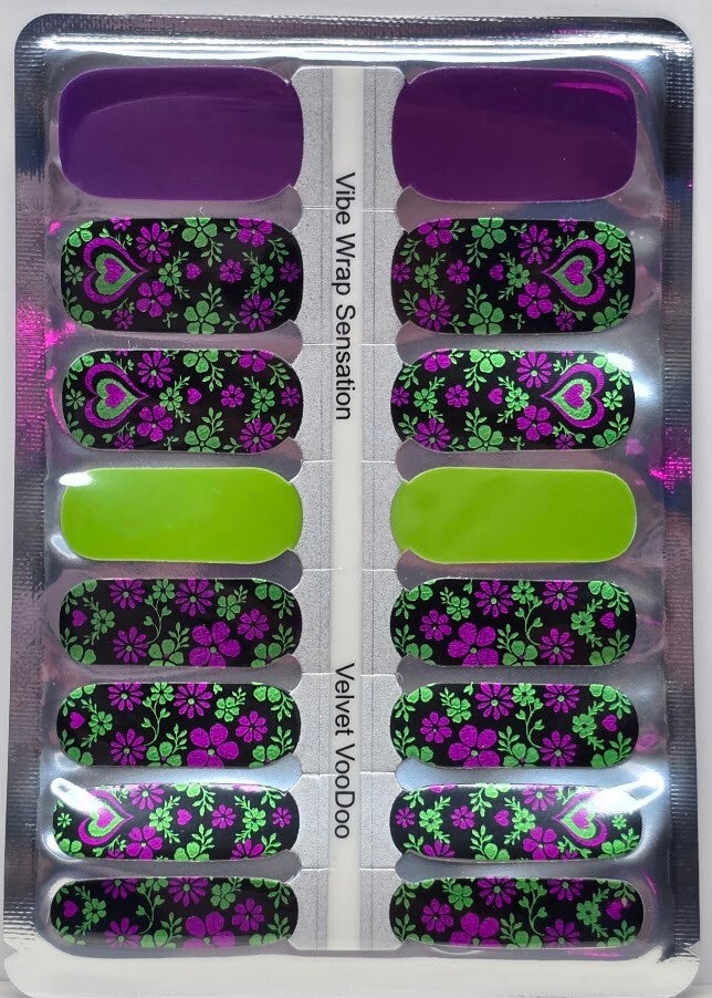 Velvet VooDoo Nail Wrap Set | Purple & Lime Floral Heart Nail Polish Strips