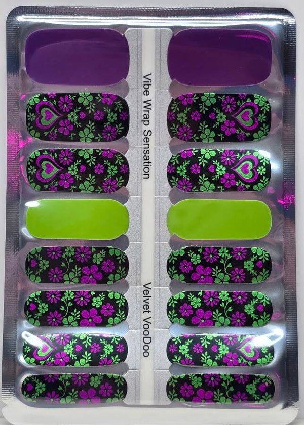 Velvet VooDoo Nail Wrap Set | Purple & Lime Floral Heart Nail Polish Strips