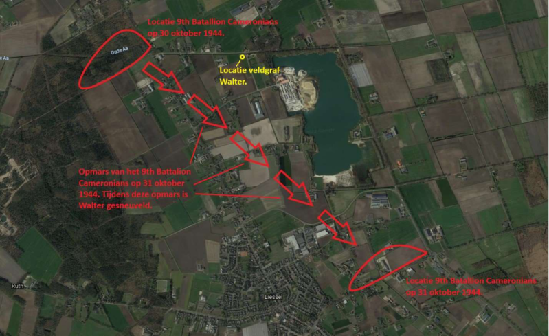 Kaart met verschillende posities van het 9th Battalion Cameronians op 30 en 31 oktober 1944 en de omgeving waar  Walter is gesneuveld. Tevens aangegeven de positie waar het veldgraf van Walter Senior zich bevond. Kaart van het gebied in 1944.