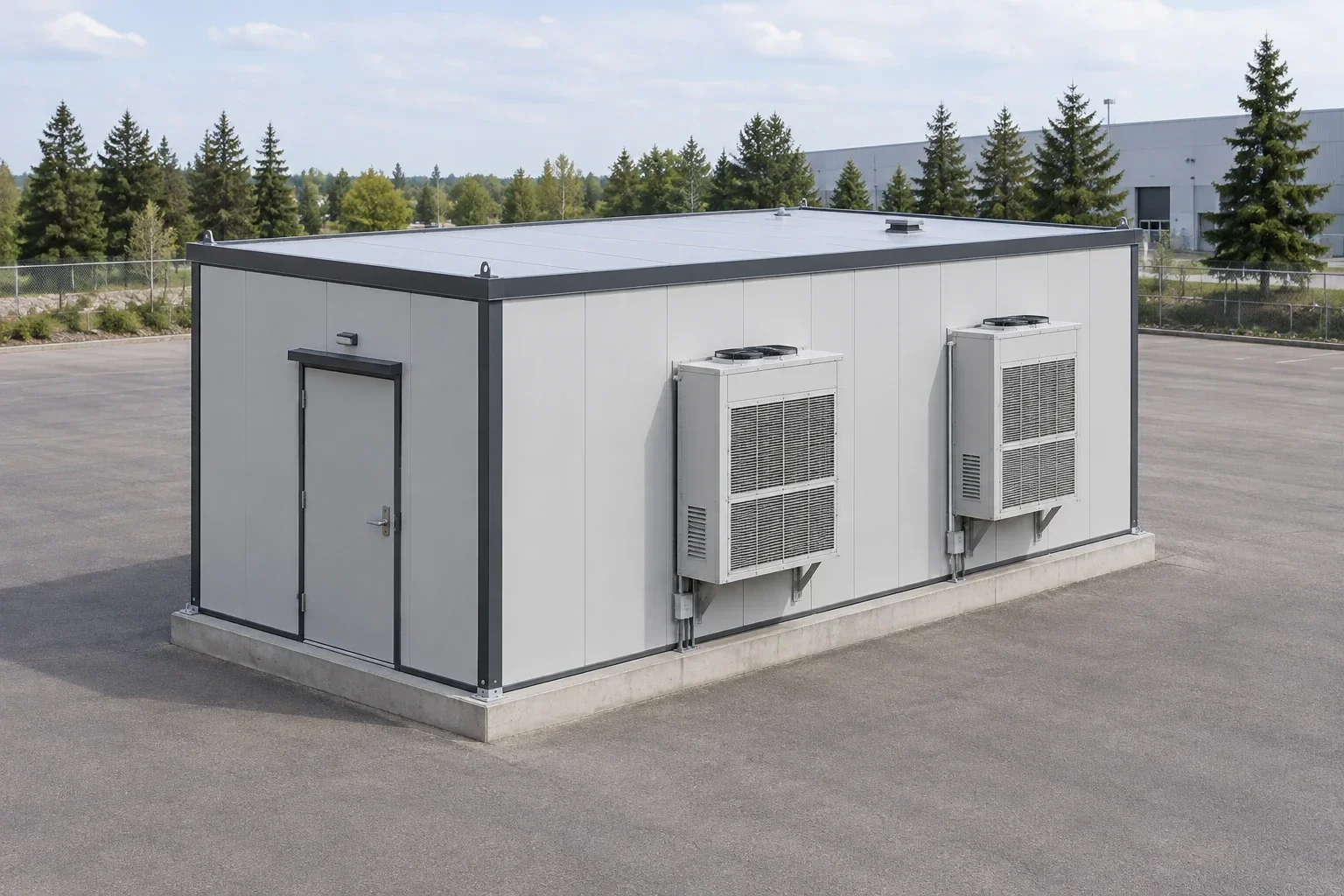 Concept illustration of a windowless modular AI equipment shelter with a personnel door, two exterior cooling units and a concrete foundation.