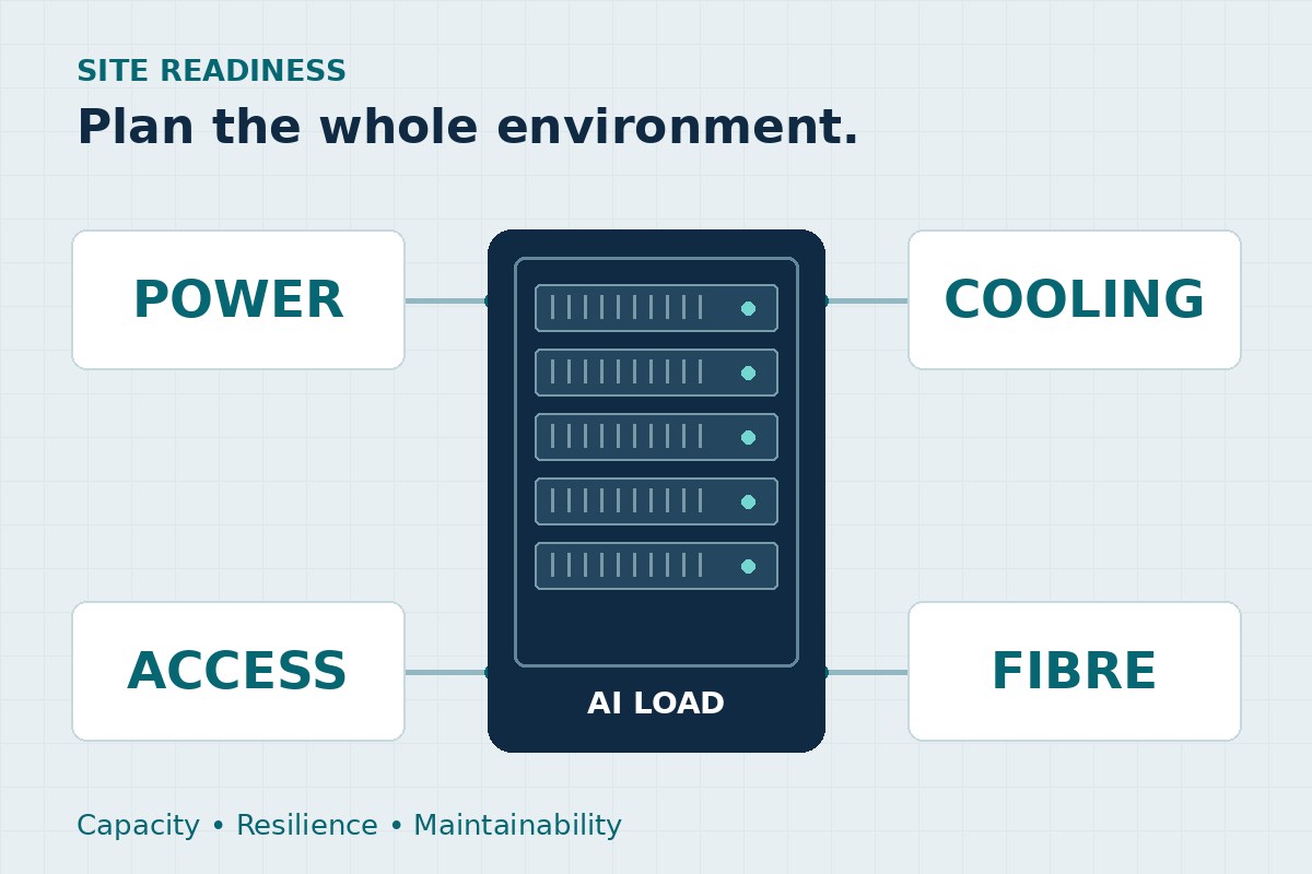Power, cooling, access and fibre support the AI load.