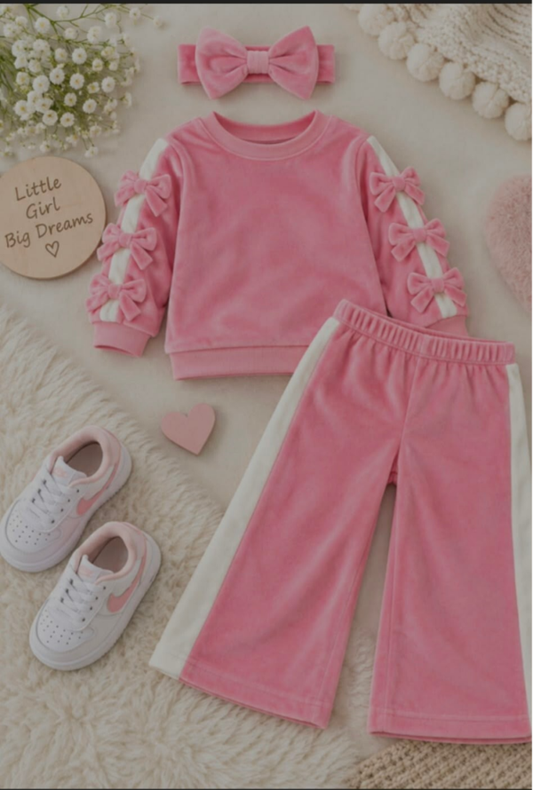 roze trainingspak met strikjes en haarband