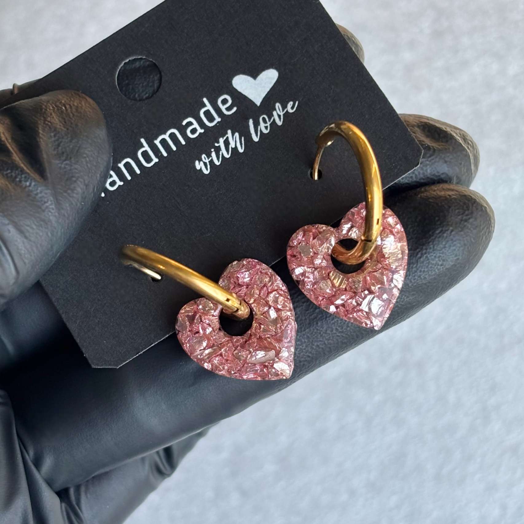 Créoles mini coeurs interchangeables paillettes de verre pilé