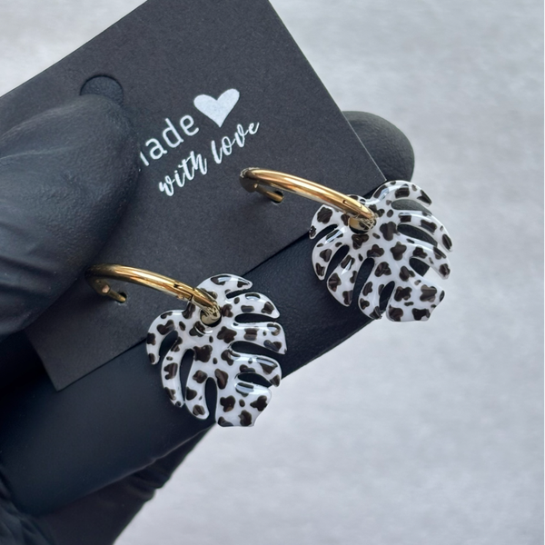 Créoles feuilles de monstera interchangeables motif vache (noir)