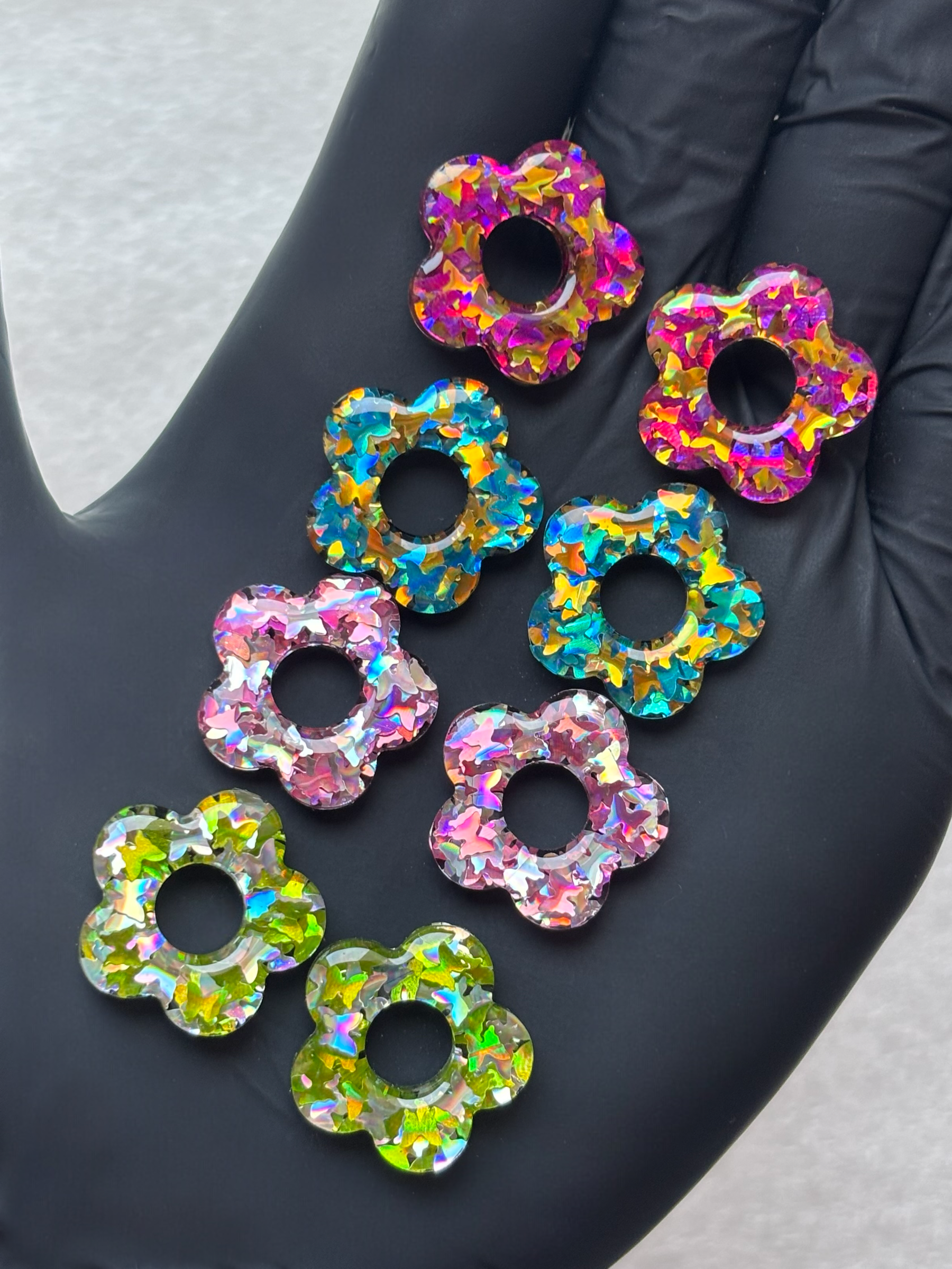 Créoles fleurs interchangeables paillettes papillons holographiques