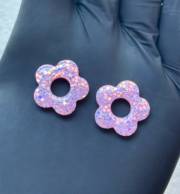 Créoles interchangeables (forme au choix) paillettes rondes roses holographiques