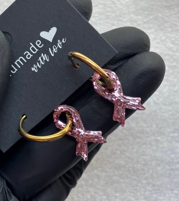 Créoles rubans « octobre rose » interchangeables paillettes moyennes