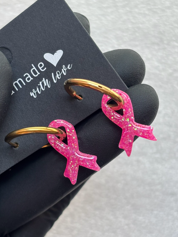 Créoles rubans « octobre rose » interchangeables paillettes fines #1