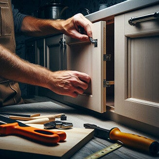 Un artisan en train d’ajuster une charnière sur une porte de placard