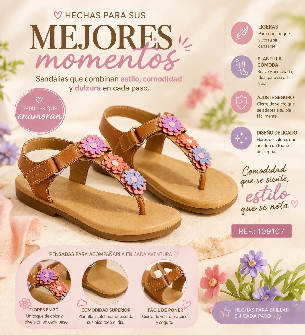 Sandalias de niña marrón con flores