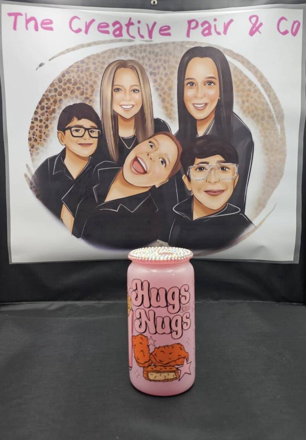 16oz Pink shimmer glass tumbler Hugs n Nugs