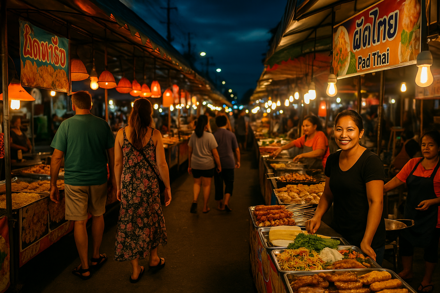 Night market in Pattaya with food stalls and lights