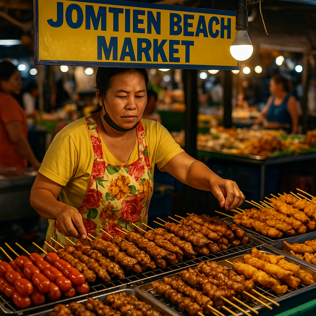 Night market in Pattaya with food stalls and lights