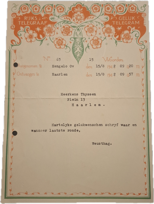Origineel Gelukstelegram 1942 - Rijkstelegraaf - Design Georg Rueter