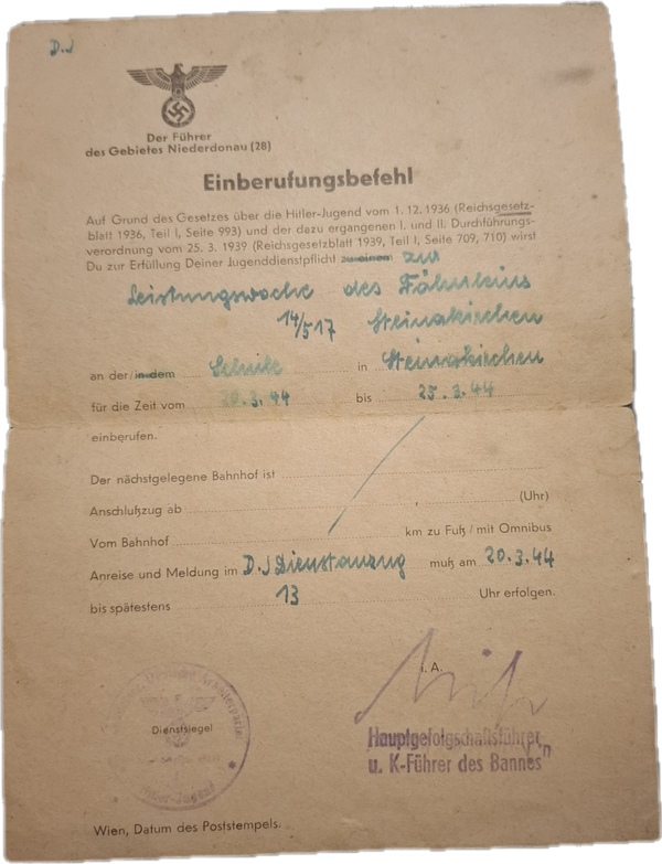Origineel WOII Document: Einberufungsbefehl Hitlerjugend 1944