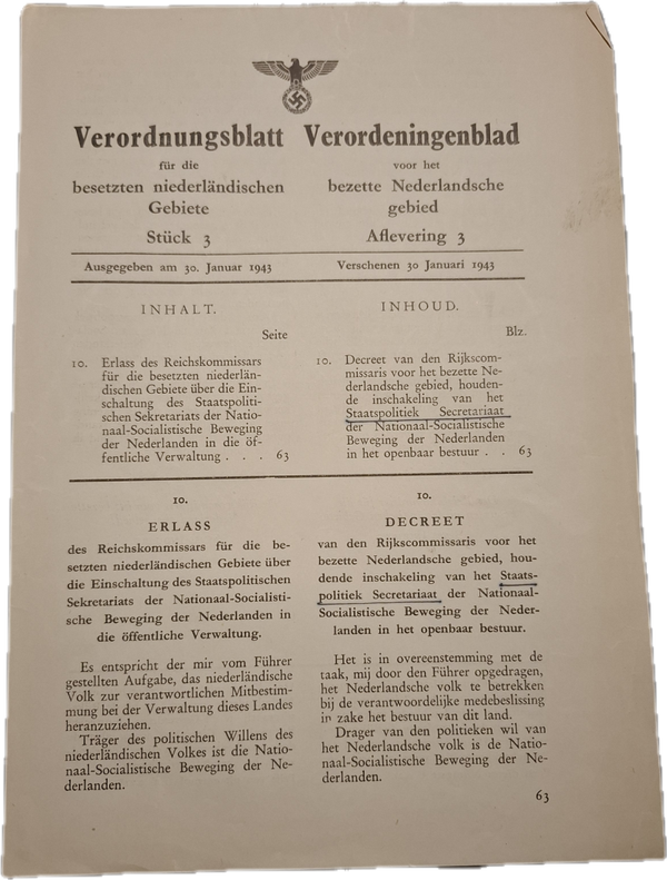 Verordeningenblad bezet Nederland - nr. 3, 30 jan 1943 - NSB Decreet