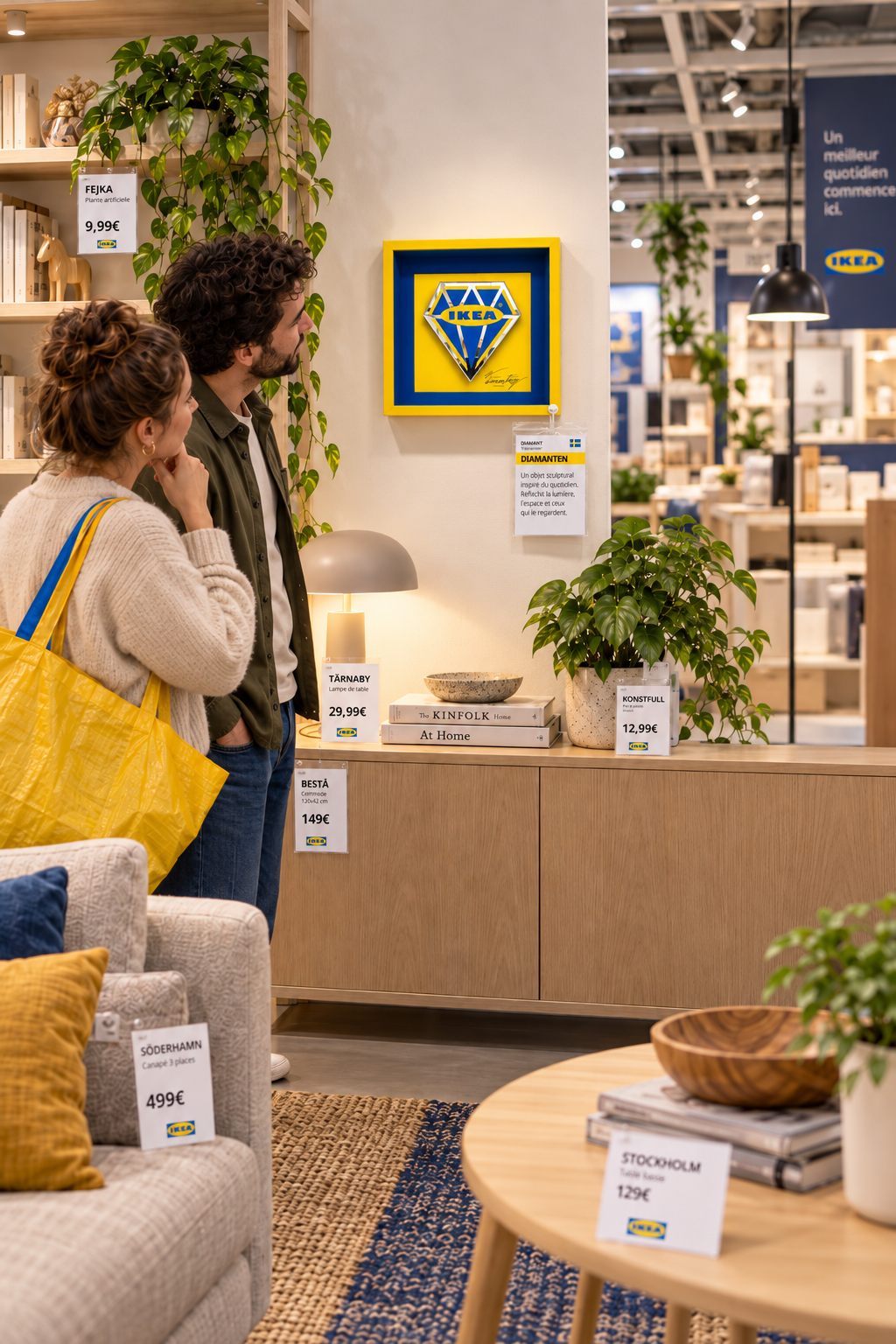 Mise en scène d’IKE"hack" dans un intérieur de magasin, entre meubles, plantes et objets du quotidien.