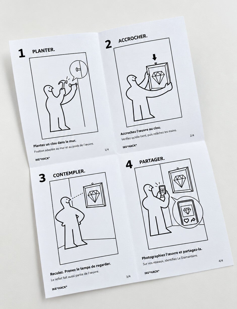La notice dépliée avec quatre illustrations : planter, accrocher, contempler et partager.