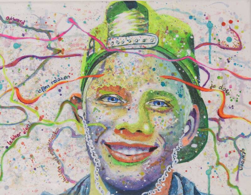 Schilderij abstract met portret van jonge man