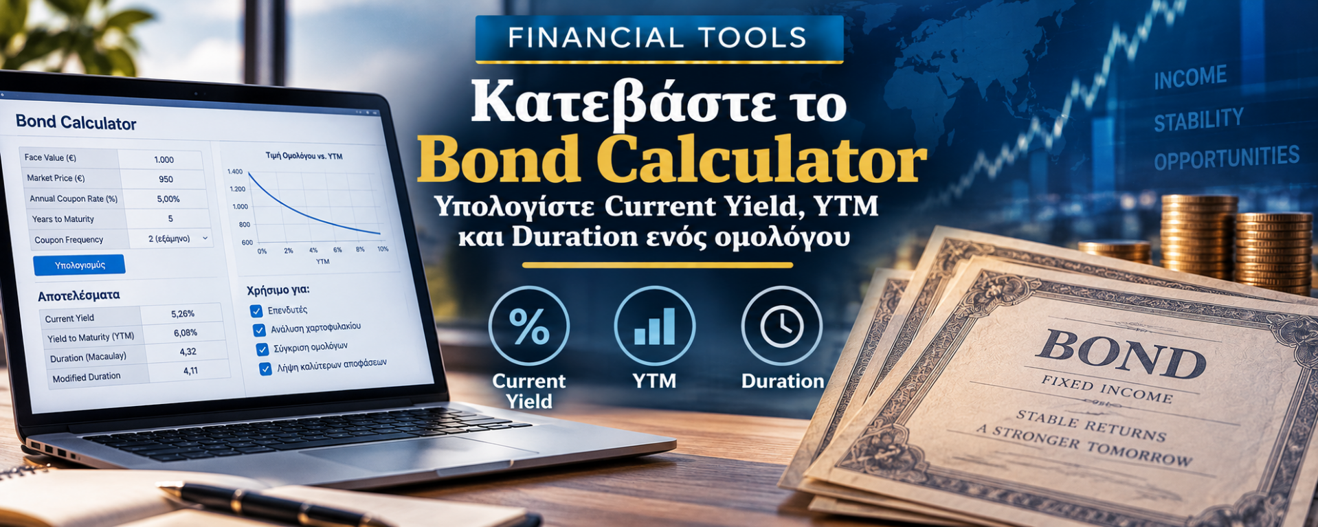 Financial Tools - Bond Calculator - Current Yield, YTM και Duration