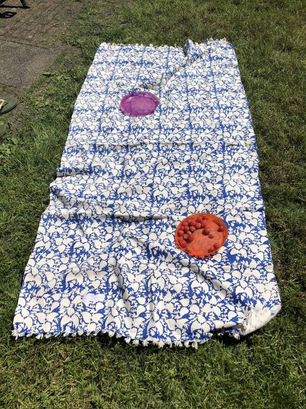 blauw-witte picknickmat, strandlaken/ blue and white picnic mat or beach mat