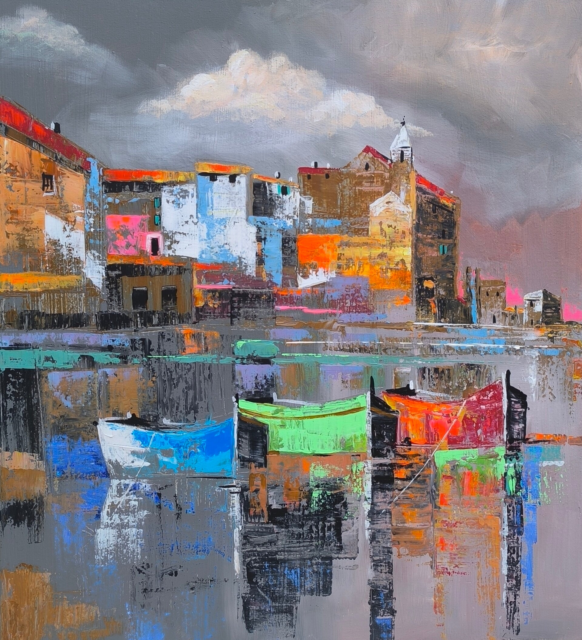 BOATS AND CITY (100 x 80 cm)