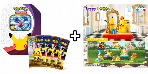 Lot Pokémon 30 ans Pokebox 4 boosters (FR) + Blind box Pikachu Funsim