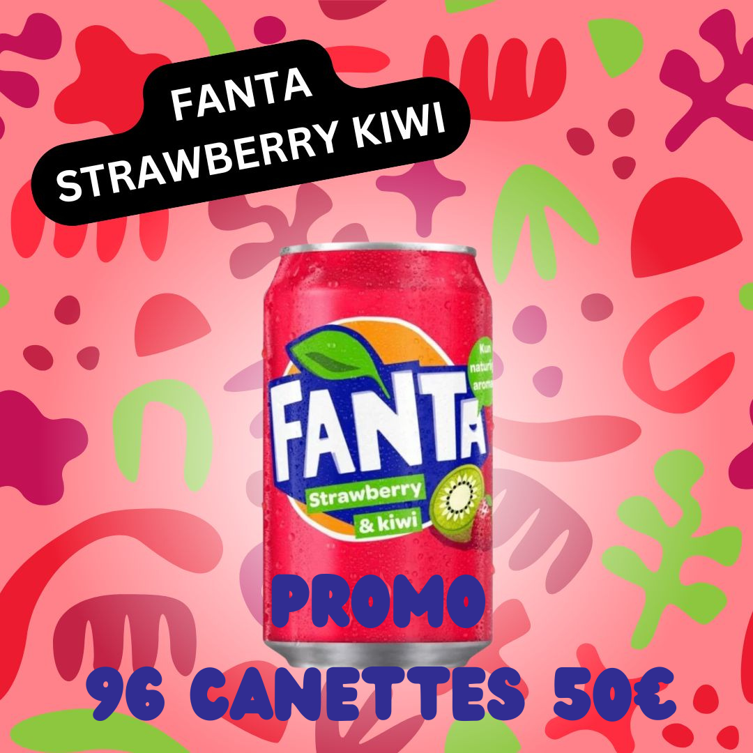 PROMO : 4 plateaux de 24 canettes Fanta fraise kiwi (soit 96 canettes)