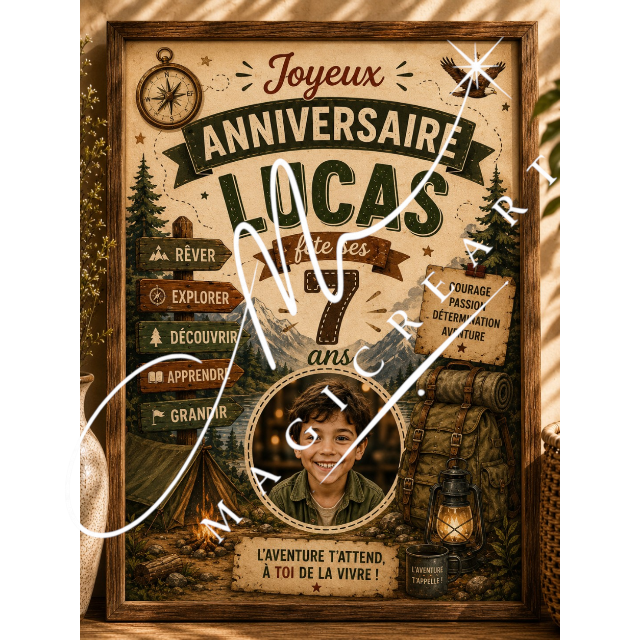 Cadre anniversaire Aventure nature Lucas – Camping & exploration