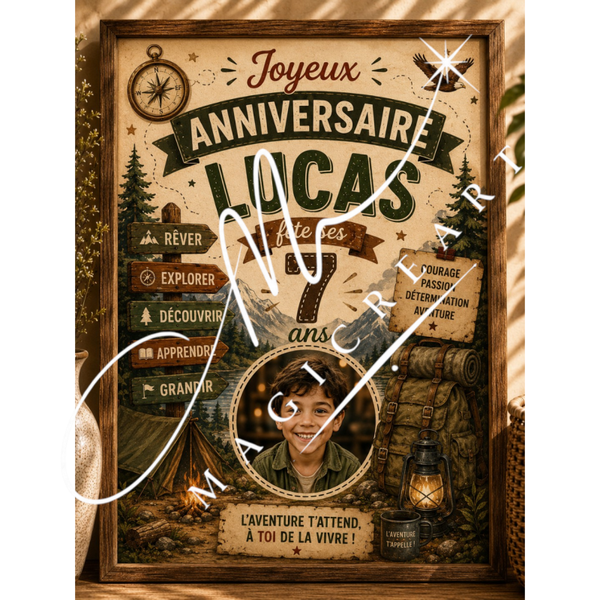Cadre anniversaire Aventure nature Lucas – Camping & exploration