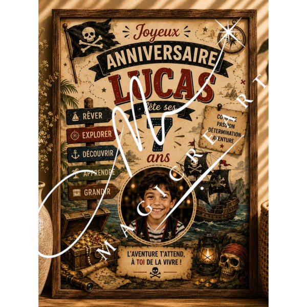Cadre anniversaire Pirate Lucas – Trésor & aventure
