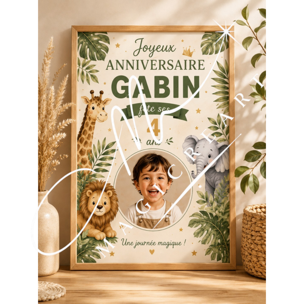 Cadre anniversaire Safari Gabin – Animaux de la jungle