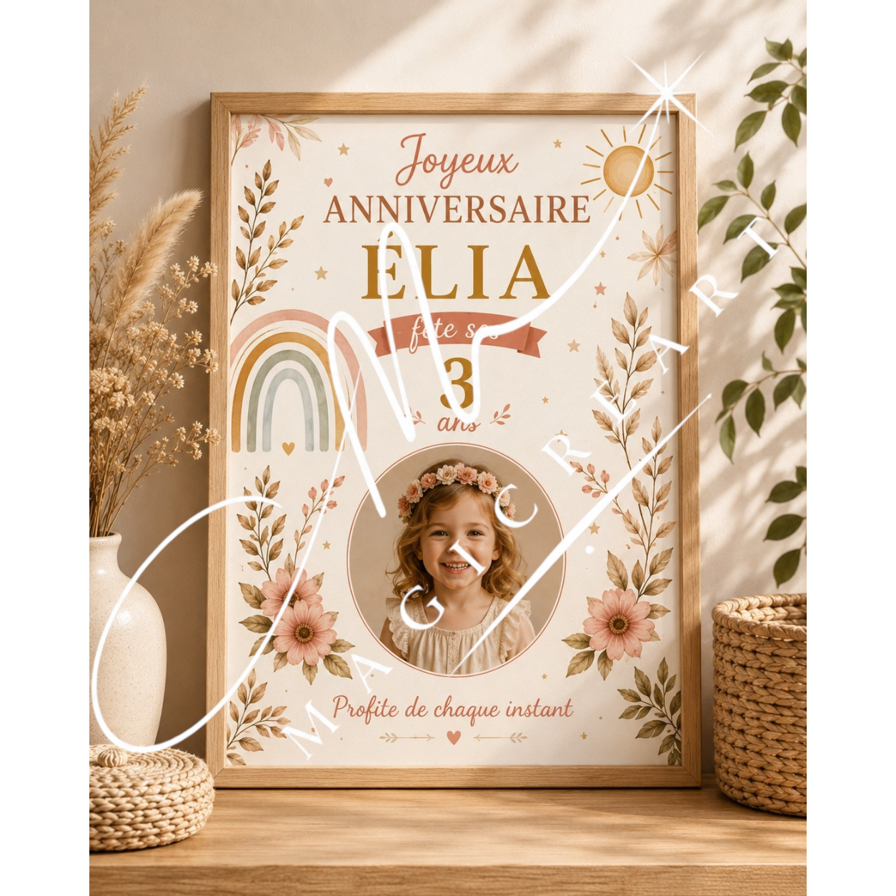 Cadre anniversaire Bohème Élia – Arc-en-ciel & fleurs