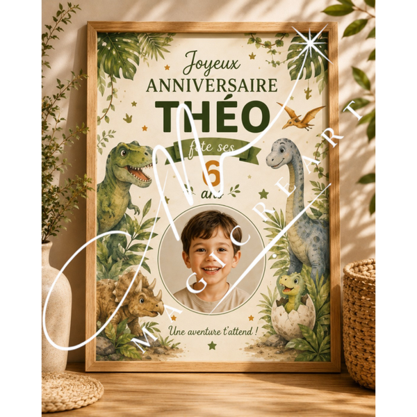 Cadre anniversaire Dinosaures Théo – Aventure préhistorique